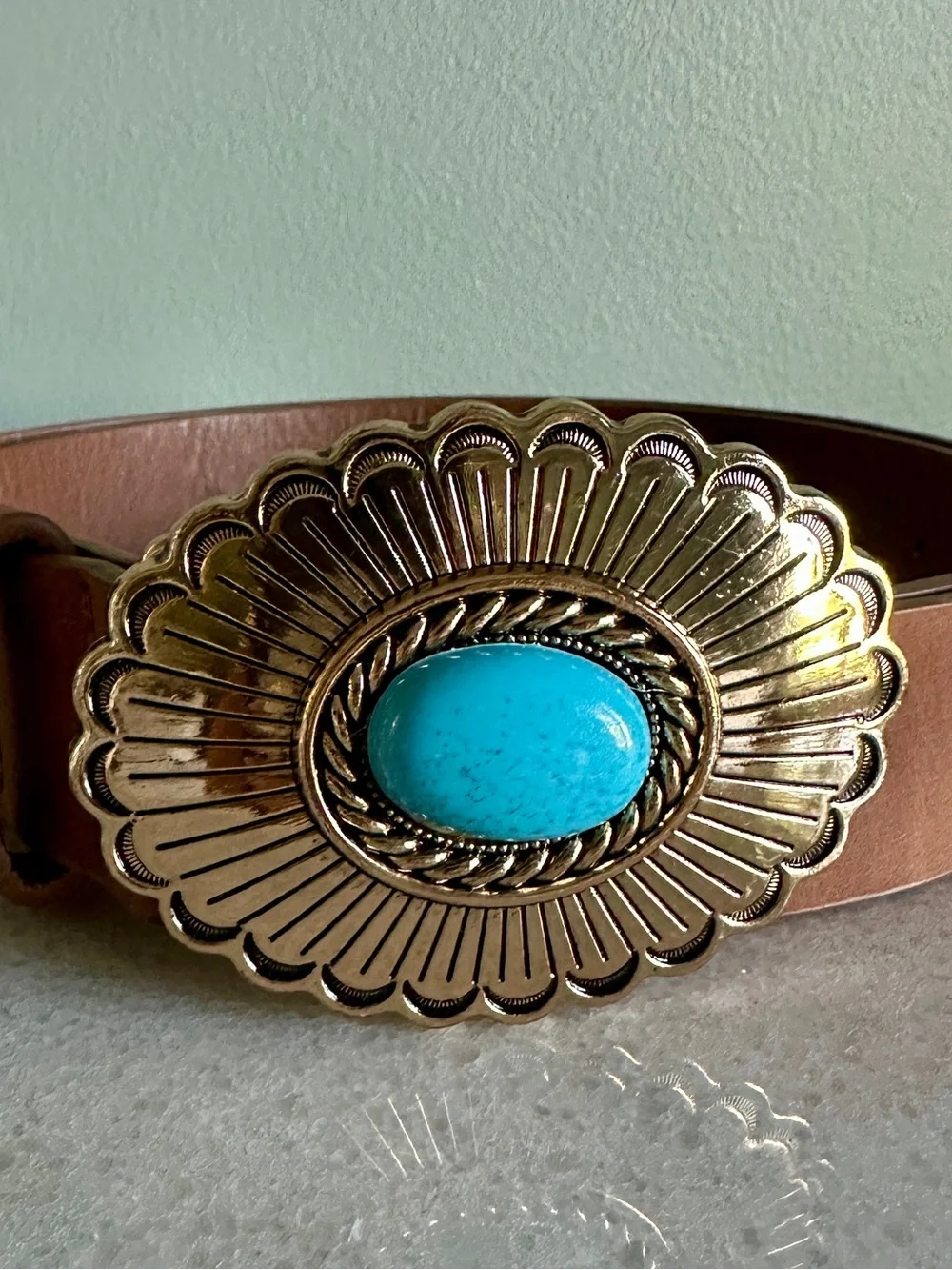 Western Turquoise Oval Concho Belt Buckle - Turquoise & Gold 34-40”